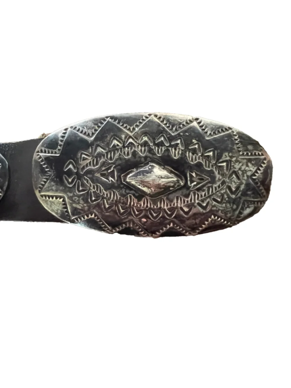 VINTAGE NAVAJO STERLING 15 DEEP STAMPED CONCHO BELT & BUCKLE 135g SILVER
